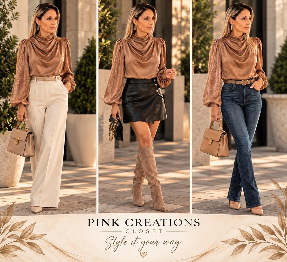 Bronze Copper Satin Cowl Neck Puff Sleeve Blouse